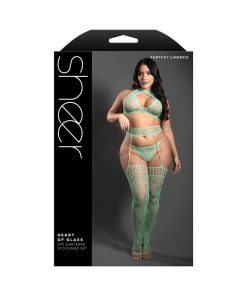 Plus Size Halter Lingerie Set – Green Lace Top, Gartered Stockings & G-String