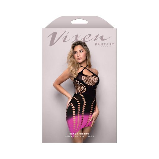 Ombre Halter Lingerie Dress – Black Pink Knit Asymmetrical Keyhole O/S