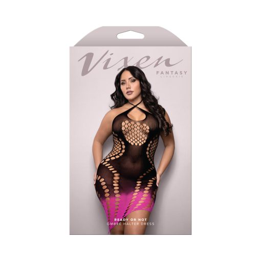 Plus Size Ombre Halter Dress – Black Pink Asymmetrical Keyhole Knit Lingerie