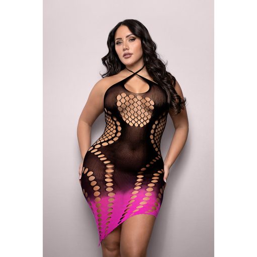 Plus Size Ombre Halter Dress – Black Pink Asymmetrical Keyhole Knit Lingerie - Image 2