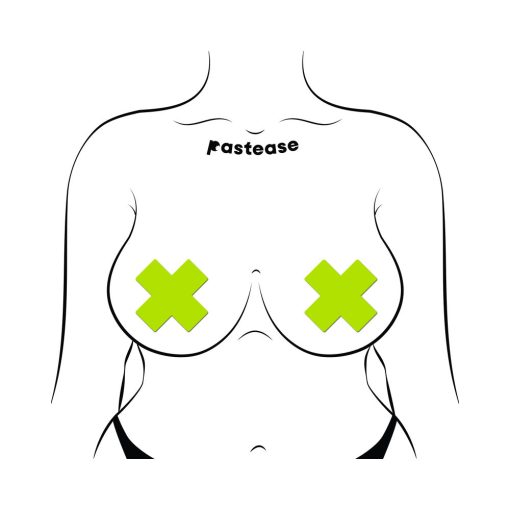 Pastease Plus X: Glow-In-The-Dark Neon Yellow Cross Pasties Nipple Covers - Image 3