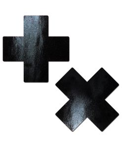 Pastease Plus X: Faux Latex Pleather Vinyl Black Cross Pasties