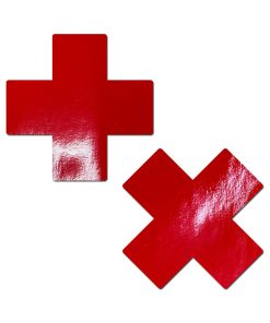 Pastease Plus X: Faux Latex Pleather Vinyl Red Cross Pasties