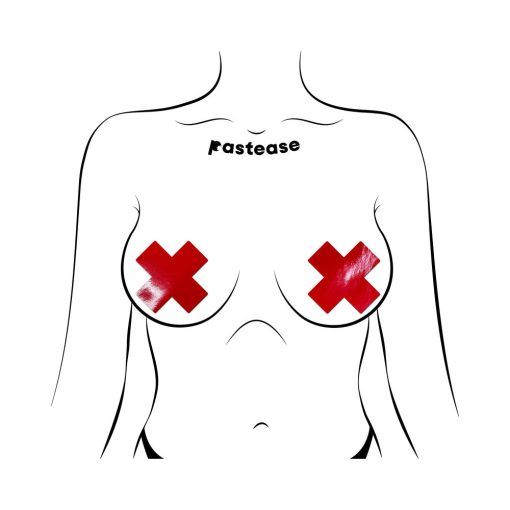 Pastease Plus X: Faux Latex Pleather Vinyl Red Cross Pasties - Image 2