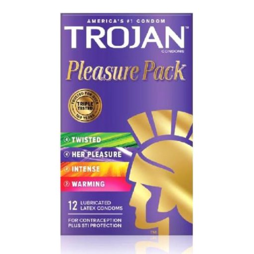 Trojan Pleasure Pack 12 lubricated latex condoms variety box including warming, cooling, and textured designs