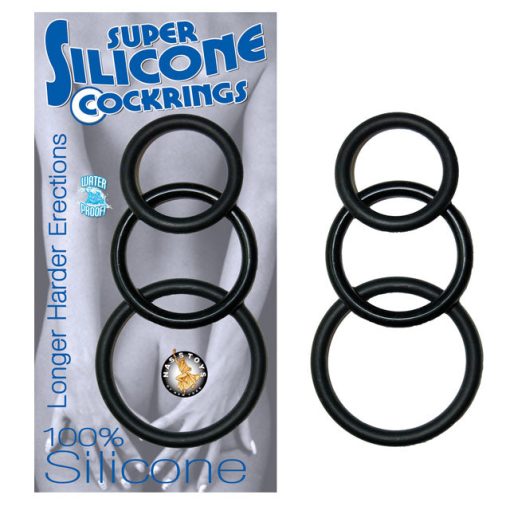 Super Silicone cock rings 3-pack in black, three different sizes made of 100% body-safe silicone