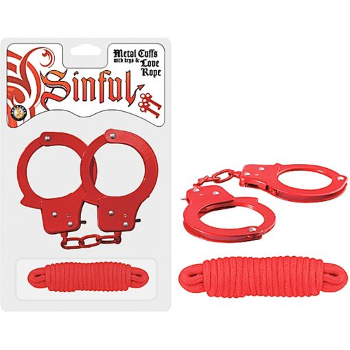 Sinful Metal Cuffs With Keys & 118In. Love Rope (Red)