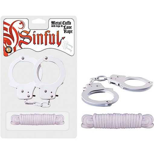 Sinful Metal Cuffs With Keys & 118In. Love Rope (White)