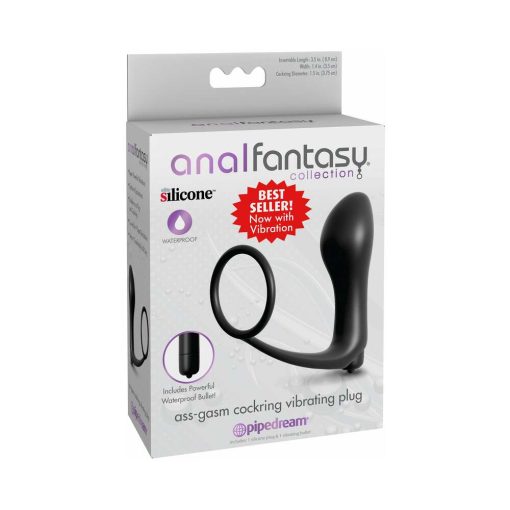 black silicone vibrating cock ring with attached prostate plug and waterproof bullet vibrator