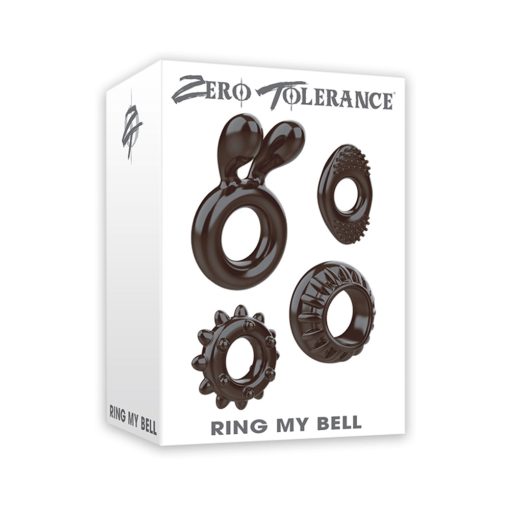 Zero Tolerance Ring My Bell 4-piece cockring set in black with classic, diamond, wheel, and bunny-ear designs made of latex-free TPE