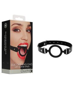 Ouch! Adjustable Silicone Ring Gag With Leather Straps Black