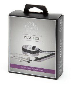 Fifty Shades Of Grey Play Nice Satin Collar With Lace Trim & Adjustable Nipple Clamps Gray