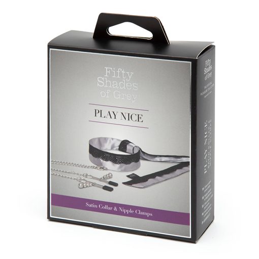 Fifty Shades Of Grey Play Nice Satin Collar With Lace Trim & Adjustable Nipple Clamps Gray