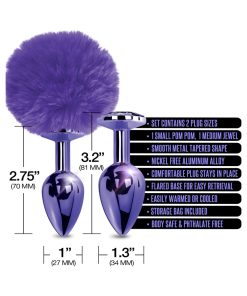 Nixie Metal Butt Plug Set Pom Pom And Jewel-Inlaid Metallic Purple