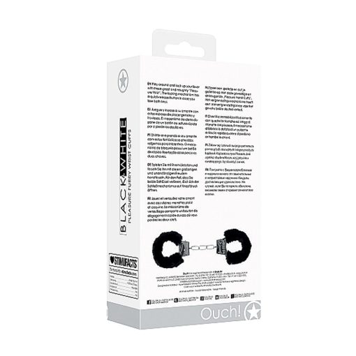 Ouch! Black & White Beginner Pleasure Furry Wrist Cuffs With Quick-Release Button Black - Image 2