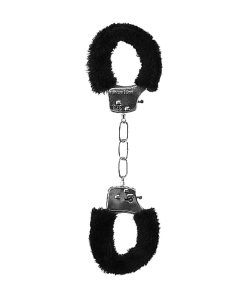 Ouch! Black & White Beginner Pleasure Furry Wrist Cuffs With Quick-Release Button Black