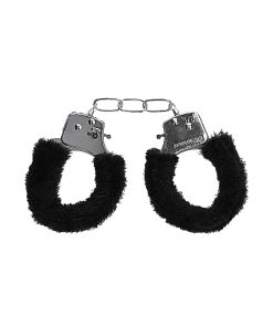 Ouch! Black & White Beginner Pleasure Furry Wrist Cuffs With Quick-Release Button Black