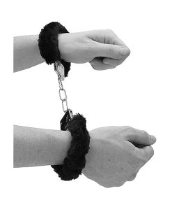 Ouch! Black & White Beginner Pleasure Furry Wrist Cuffs With Quick-Release Button Black
