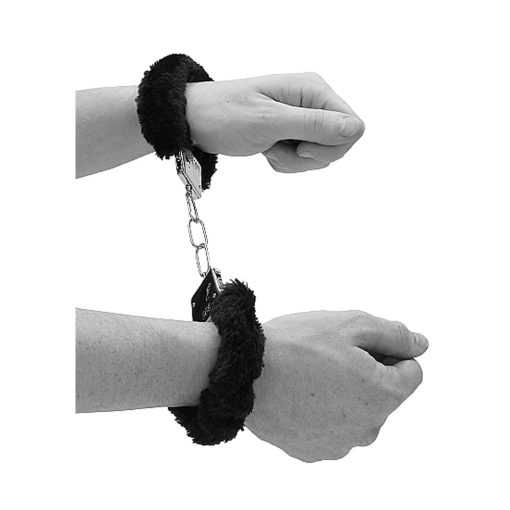 Ouch! Black & White Beginner Pleasure Furry Wrist Cuffs With Quick-Release Button Black - Image 7