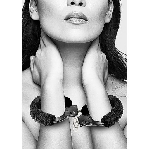Ouch! Black & White Beginner Pleasure Furry Wrist Cuffs With Quick-Release Button Black - Image 9