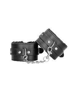 Ouch! Black & White Adjustable Plush Bonded Leather Hand Cuffs Black