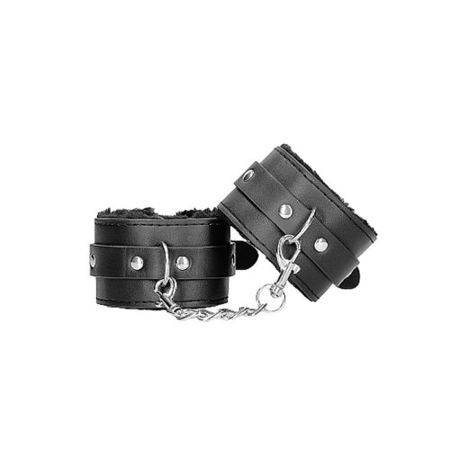 Ouch! Black & White Adjustable Plush Bonded Leather Hand Cuffs Black - Image 4