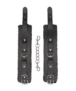 Ouch! Black & White Adjustable Plush Bonded Leather Hand Cuffs Black