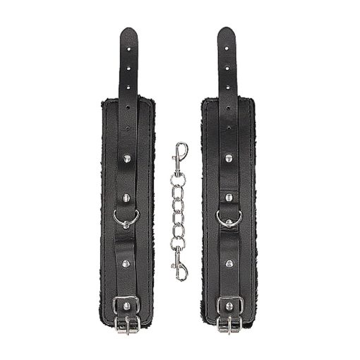 Ouch! Black & White Adjustable Plush Bonded Leather Hand Cuffs Black - Image 5