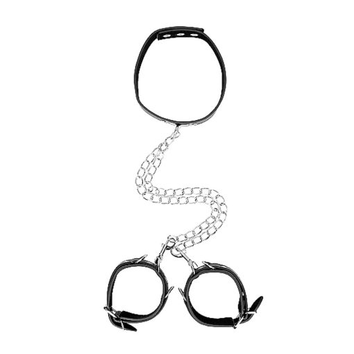 Ouch! Black & White Adjustable Bonded Leather Collar With Hand Cuffs & Chain Black - Image 5