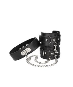 Ouch! Black & White Adjustable Bonded Leather Collar With Hand Cuffs & Chain Black