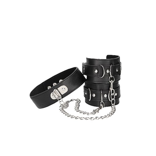 Ouch! Black & White Adjustable Bonded Leather Collar With Hand Cuffs & Chain Black - Image 8