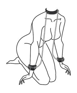 Ouch! Black & White Adjustable Bonded Leather Collar With Hand Cuffs & Chain Black