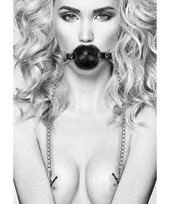 Ouch! Black & White Breathable Ball Gag With Nipple Clamps Black