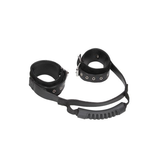 Ouch! Black & White Adjustable Bonded Leather Wrist Cuffs With Handle Black - Image 2