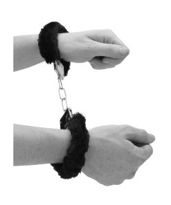 Ouch! Black & White Pleasure Furry Handcuffs With Quick-Release Button