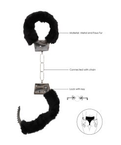 Ouch! Black & White Pleasure Furry Handcuffs With Quick-Release Button