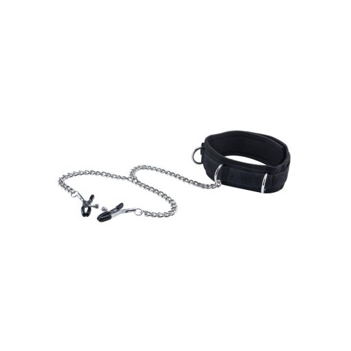 Ouch! Black & White Adjustable Velcro Collar With Nipple Clamps Black - Image 2
