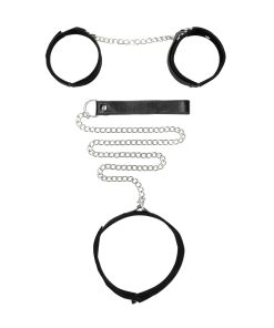 Ouch! Black & White Adjustable Velcro Collar With Leash & Wrist Cuffs Black