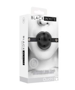 Ouch! Black & White Breathable Ball Gag With Bonded Leather Straps Black