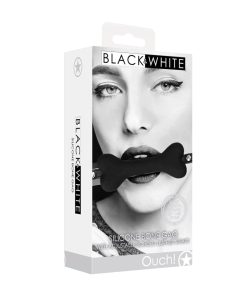Ouch! Black & White Silicone Bone Gag With Adjustable Bonded Leather Straps Black