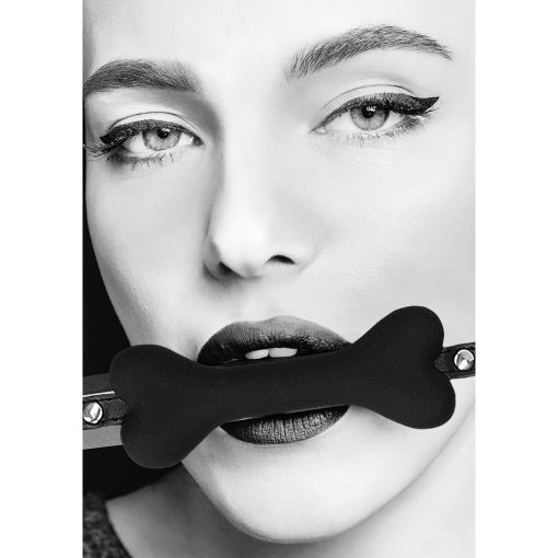 Ouch! Black & White Silicone Bone Gag With Adjustable Bonded Leather Straps Black - Image 4