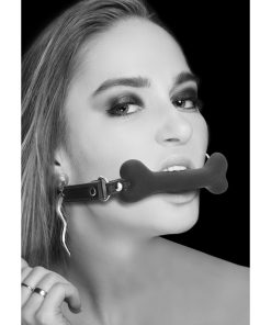 Ouch! Black & White Silicone Bone Gag With Adjustable Bonded Leather Straps Black