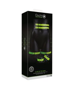 Ouch! Glow In The Dark 5-Piece Bonded Leather Thigh & Handcuffs With Belt Restraint Neon Green L/Xl
