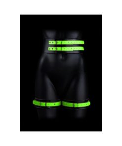 Ouch! Glow In The Dark 5-Piece Bonded Leather Thigh & Handcuffs With Belt Restraint Neon Green L/Xl