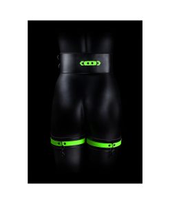 Ouch! Glow In The Dark 5-Piece Bonded Leather Thigh & Handcuffs With Belt Restraint Neon Green L/Xl