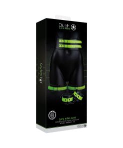 Ouch! Glow In The Dark 5-Piece Bonded Leather Thigh & Handcuffs With Belt Restraint Neon Green S/M