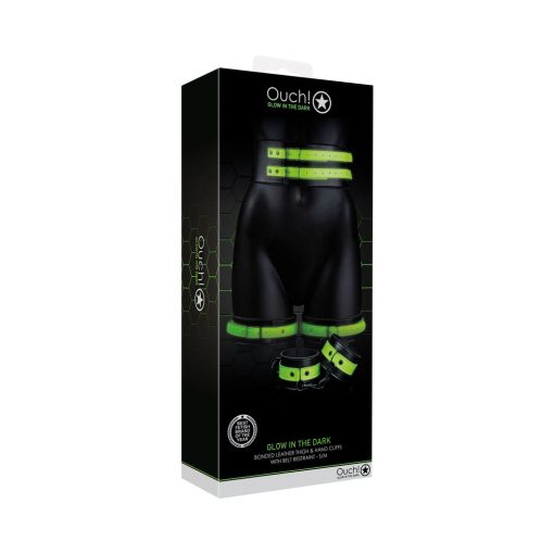 Ouch! Glow In The Dark 5-Piece Bonded Leather Thigh & Handcuffs With Belt Restraint Neon Green S/M