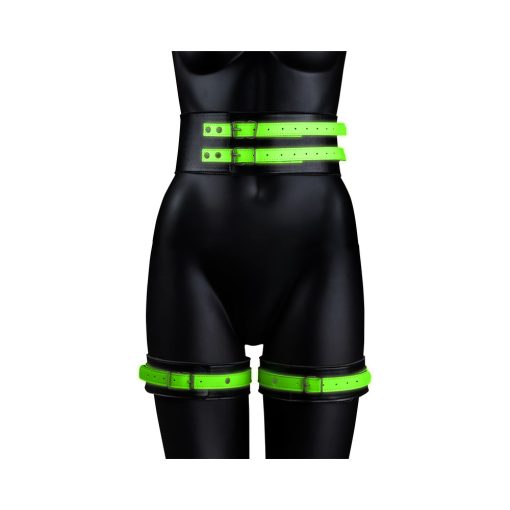 Ouch! Glow In The Dark 5-Piece Bonded Leather Thigh & Handcuffs With Belt Restraint Neon Green S/M - Image 2