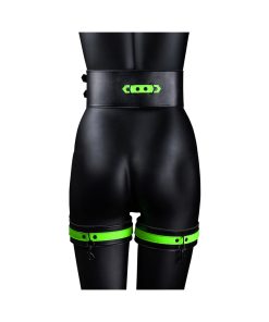 Ouch! Glow In The Dark 5-Piece Bonded Leather Thigh & Handcuffs With Belt Restraint Neon Green S/M