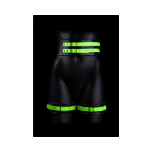 Ouch! Glow In The Dark 5-Piece Bonded Leather Thigh & Handcuffs With Belt Restraint Neon Green S/M - Image 4